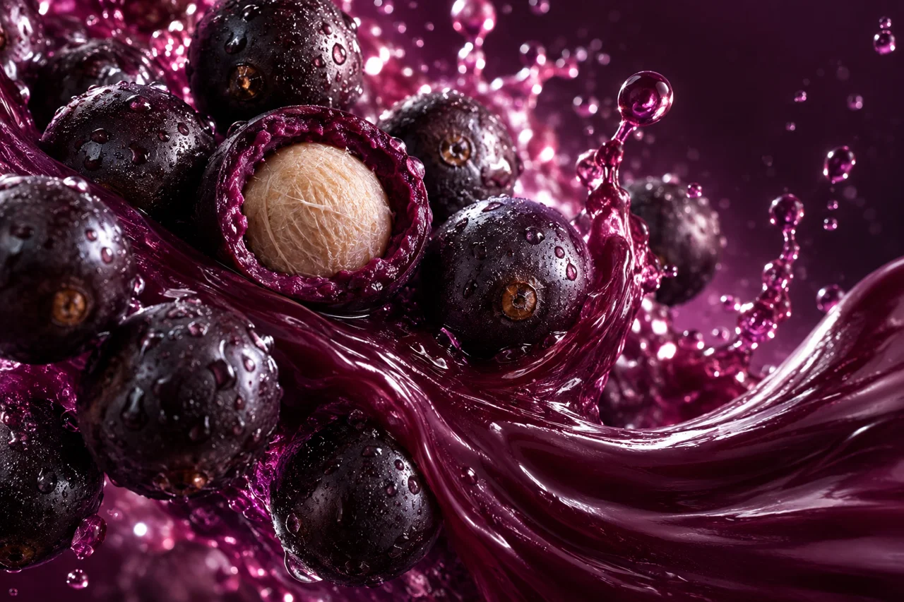 Przekrojona jagoda açaí z pestką, fioletowa pulpa i soczysty rozprysk