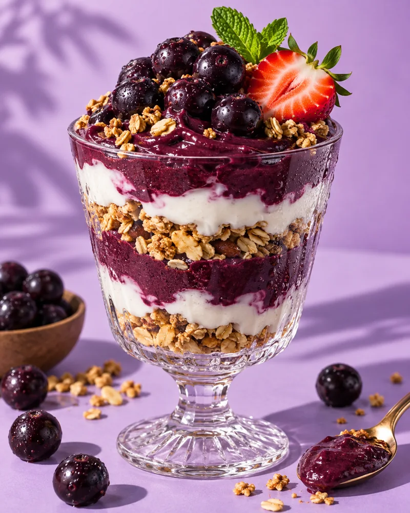 Deser warstwowy z açaí, jogurtem i granolą