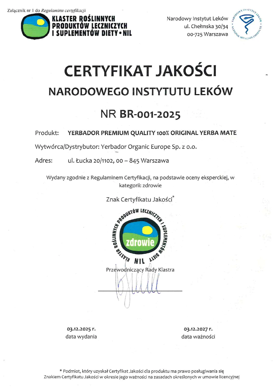 Certyfikat Narodowego Instytutu Leków dla Yerbador Premium Quality 100% Original Yerba Mate