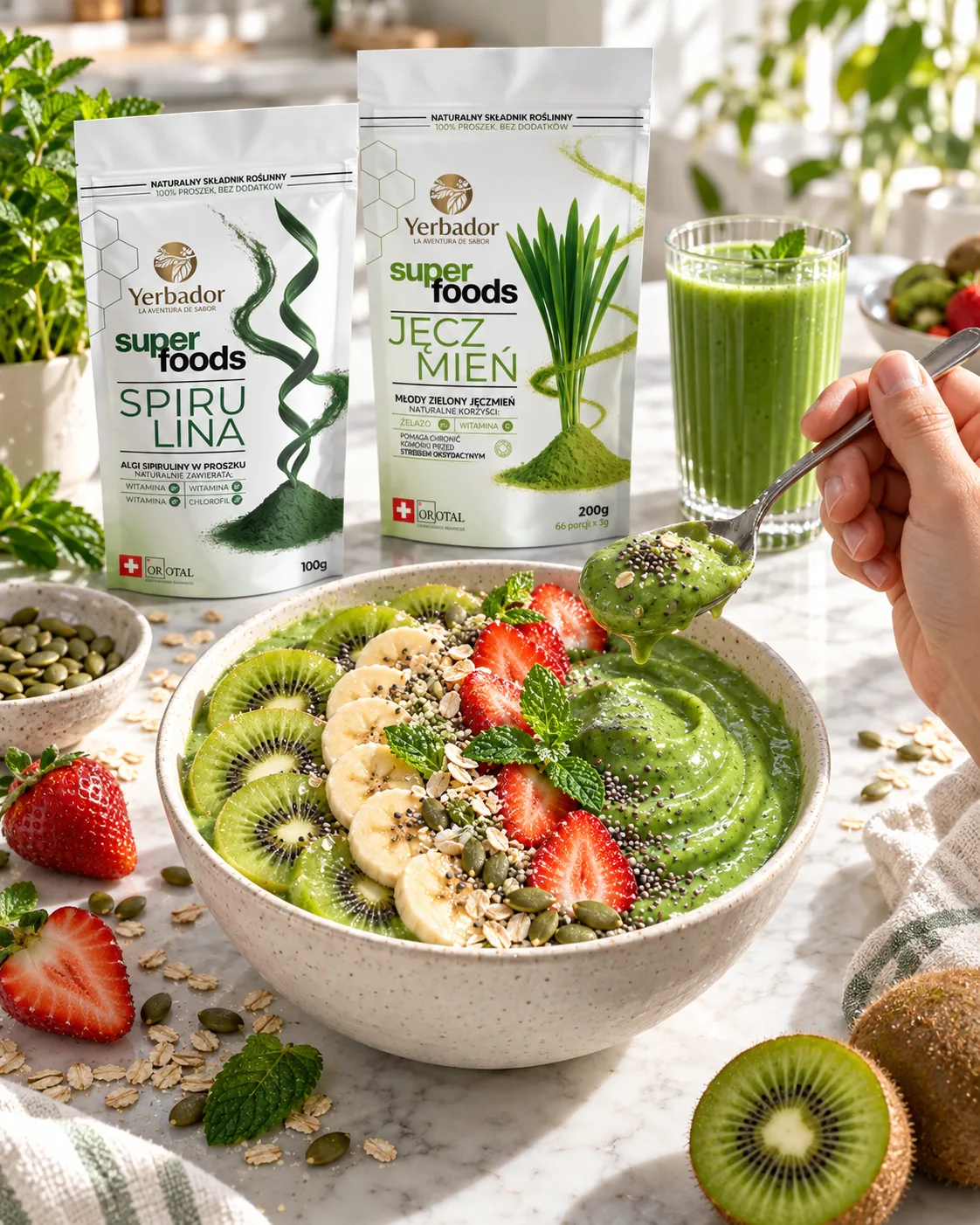 Zielony bowl z kiwi i płatkami owsianymi