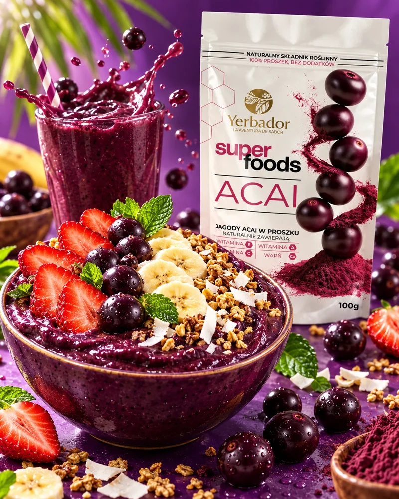 Bowl açaí z bananem, truskawkami i granolą