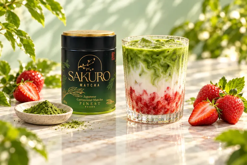 Sakuro Matcha — iced latte z truskawkami