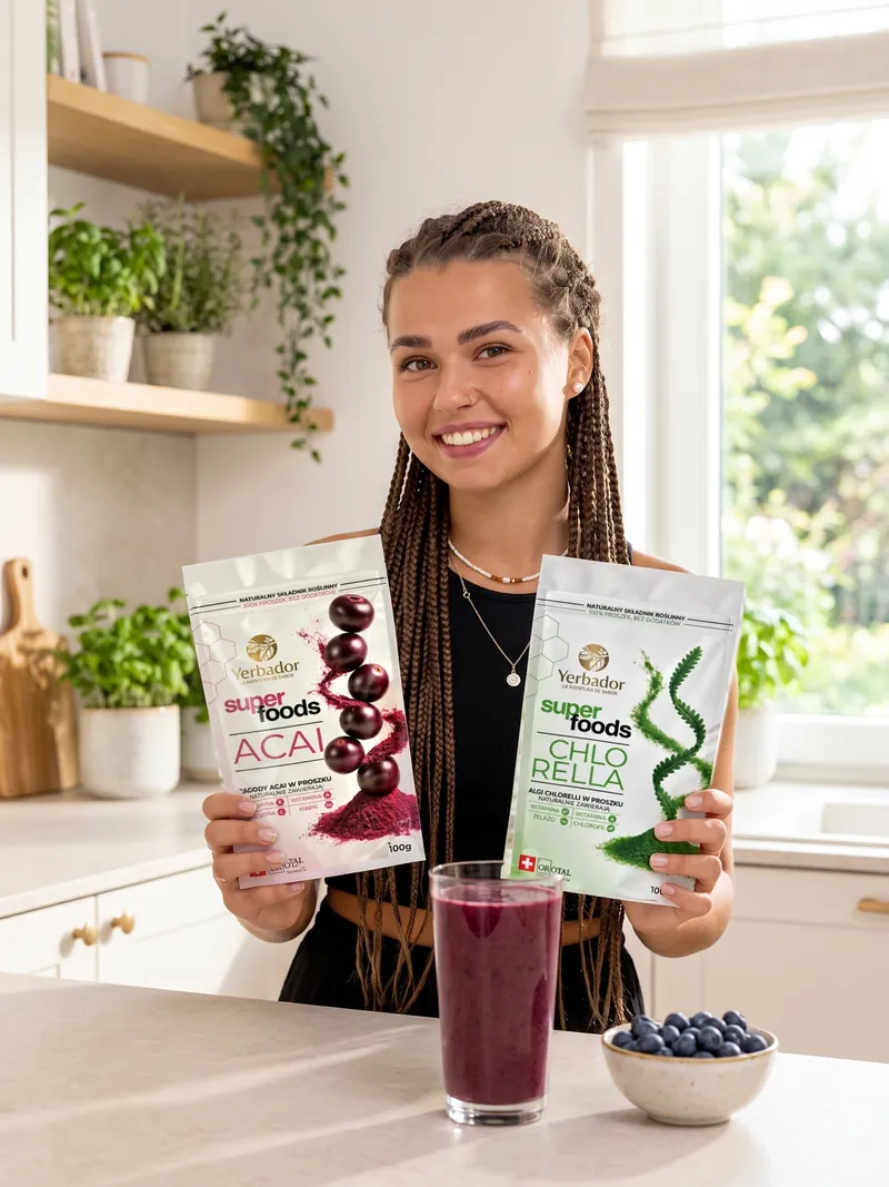 Uśmiechnięta młoda kobieta z długimi warkoczykami w czarnym topie trzyma Yerbador Superfoods Açaí i Chlorella, przed nią szklanka fioletowego koktajlu açaí i miseczka borówek