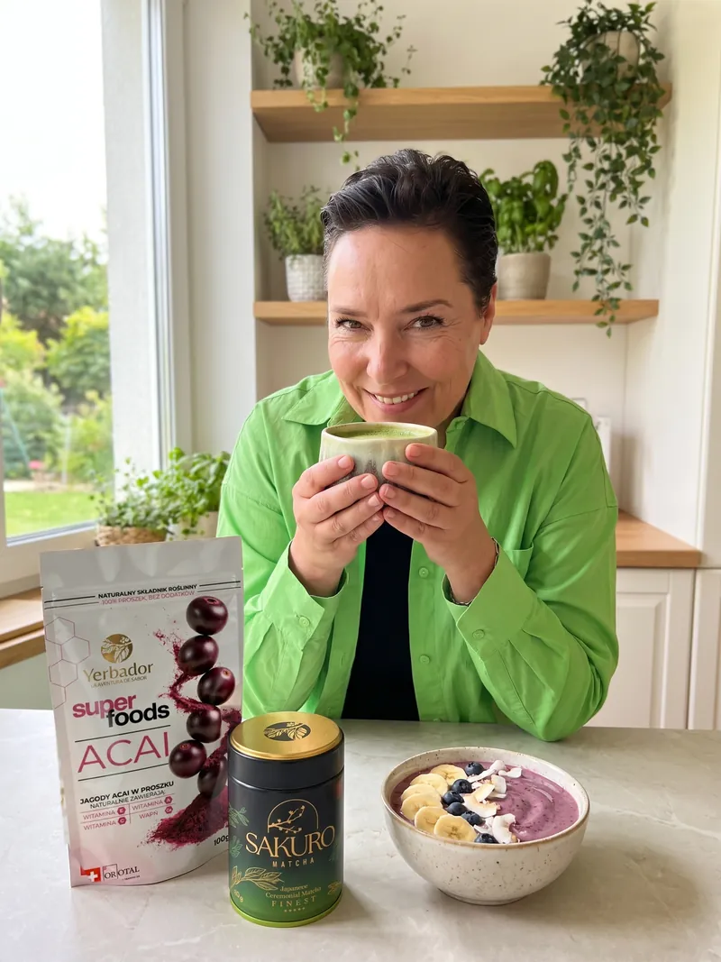 Kobieta z krótkimi ciemnymi włosami w zielonej koszuli trzyma oburącz ceramiczną czarkę z matchą, na blacie Yerbador Superfoods Açaí, puszka Sakuro Matcha i bowl açaí z bananem i borówkami
