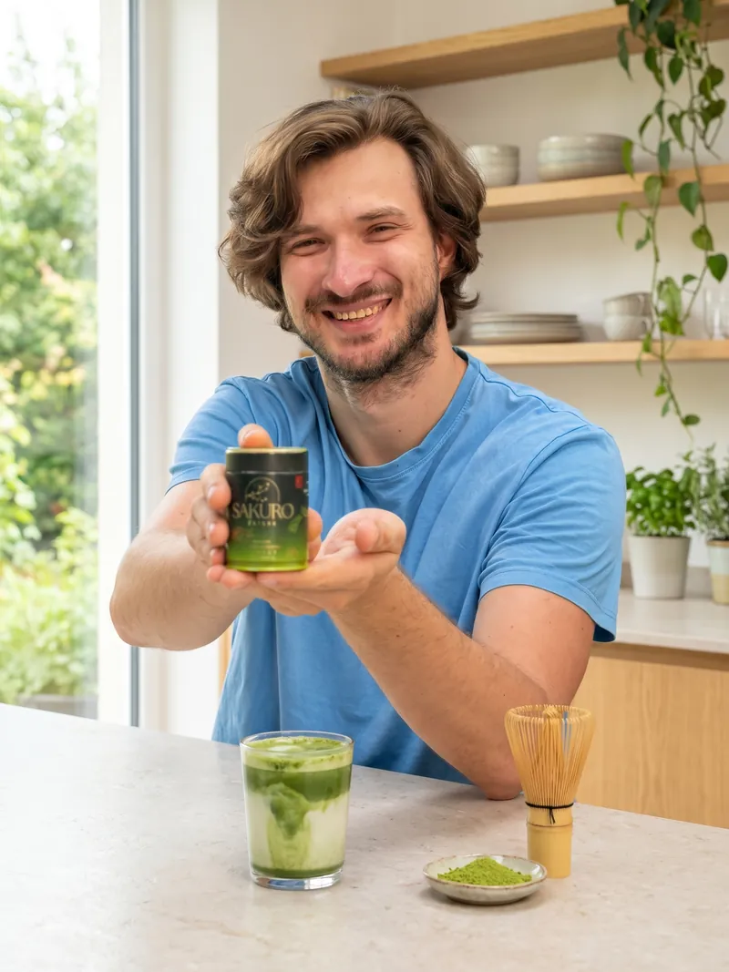 Młody mężczyzna z falowanymi włosami i brodą, w niebieskim T-shircie, podaje na otwartych dłoniach puszkę Sakuro Matcha, na blacie szklanka matcha latte, bambusowy chasen i miseczka matchy
