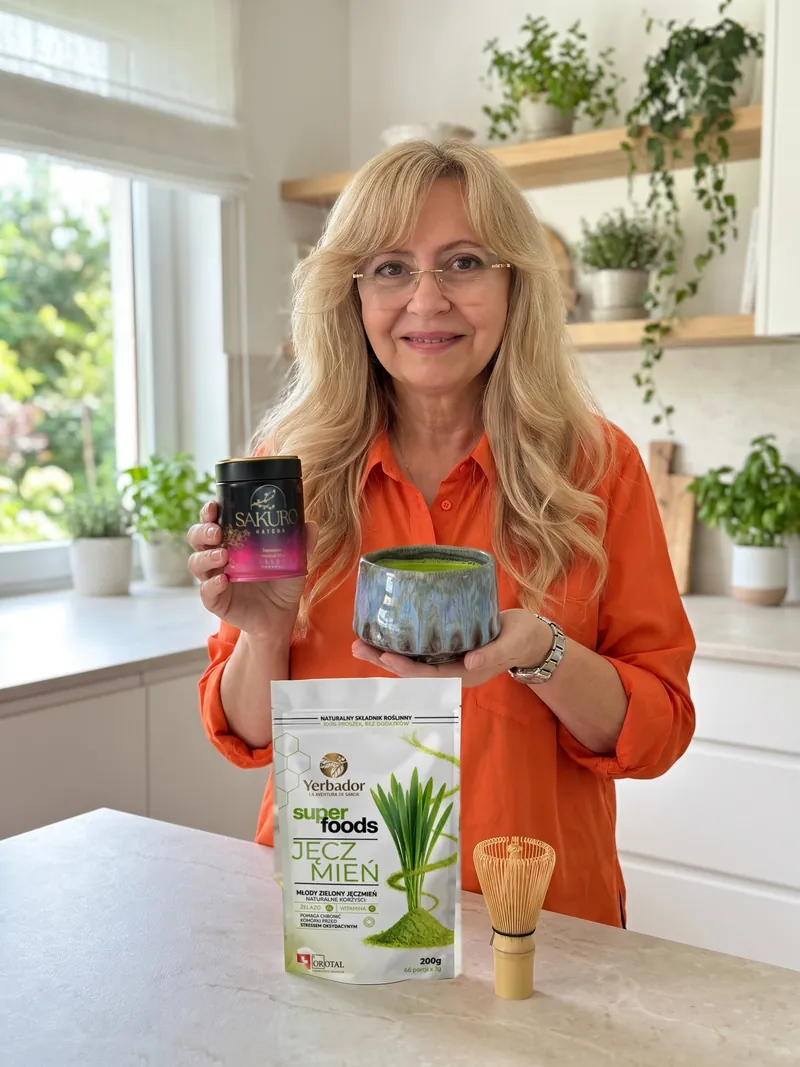 Dojrzała blondynka w okularach i pomarańczowej koszuli trzyma puszkę Sakuro Matcha i ceramiczną czarkę z zieloną matchą, na blacie Yerbador Superfoods Jęczmień i bambusowy chasen