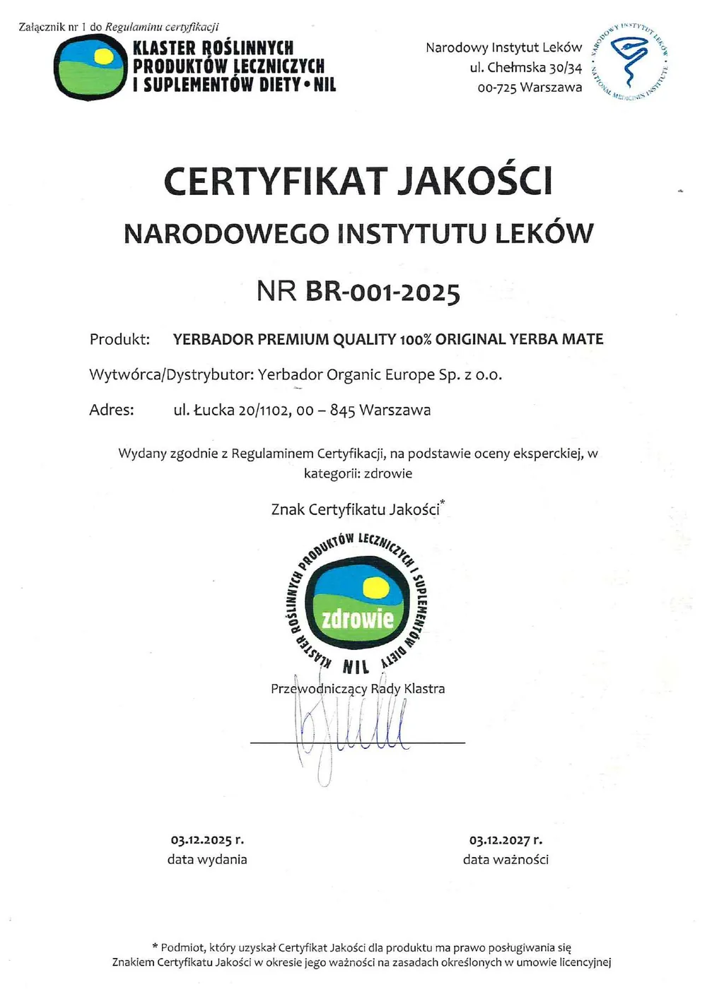 Certyfikat Jakości Narodowego Instytutu Leków nr BR-001-2025