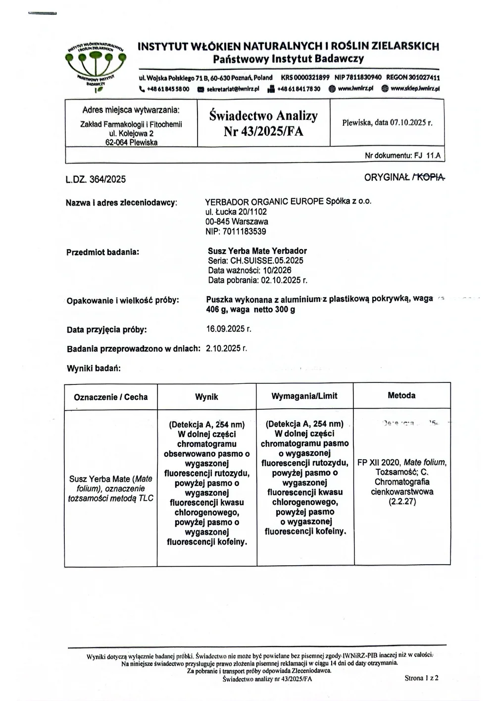Świadectwo analizy nr 43/2025/FA, strona 1