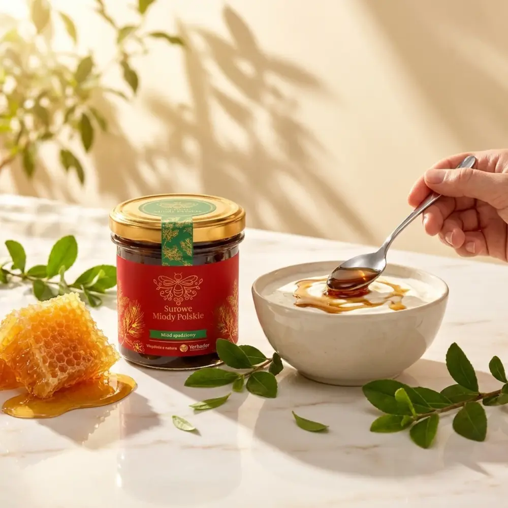 SUROWY MIÓD SPADZIOWY – ZE SPADZI IGLASTEJ – 400g SUROWY MIÓD SPADZIOWY – ZE SPADZI IGLASTEJ – 400g — propozycja podania