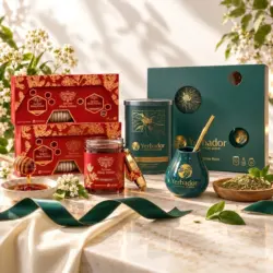 2 x ZESTAW YERBA MATE + ZESTAW SUROWYCH MIODÓW GRYCZANYCH POLSKICH — kompozycja w słonecznym świetle