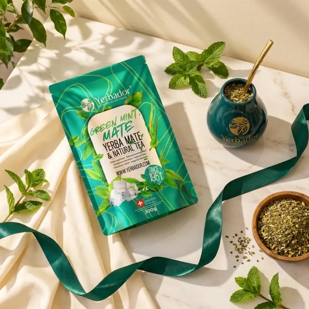 ZIELONA MIĘTA – YERBA MATE + ZIELONA HERBATA ZIELONA MIĘTA – YERBA MATE + ZIELONA HERBATA — kompozycja w słonecznym świetle