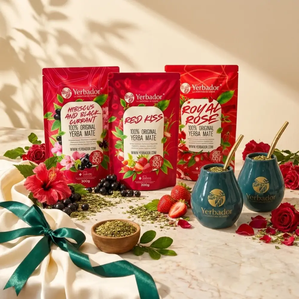 ZESTAW ŚWIĄTECZNEJ MIŁOŚCI – RED KISS + RÓŻA + HIBISKUS + 2 MATERO + 2 BOMBILLE ZESTAW ŚWIĄTECZNEJ MIŁOŚCI – RED KISS + RÓŻA + HIBISKUS + 2 MATERO + 2 BOMBILLE — kompozycja w słonecznym świetle