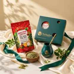 Mega Zestaw Yerba Mate CHRISTMAS EDITION – Puszka + Doypack + Matero + Bombilla — kompozycja w słonecznym świetle