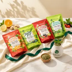 SLIM FIT + BALANS + GUARANA + IMMUNO HEALTH + KUBEK I SŁOMKA — kompozycja w słonecznym świetle