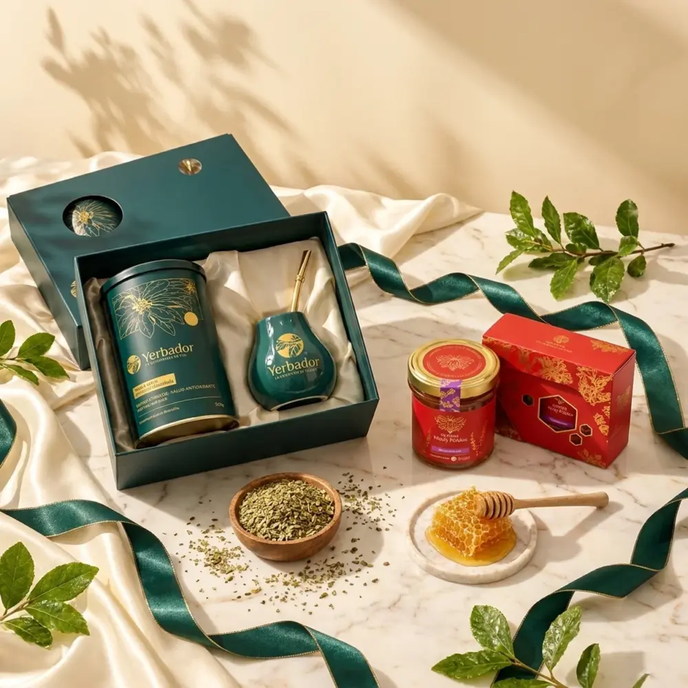 ZESTAW PREZENTOWY YERBA MATE I SUROWE MIODY POLSKIE ZESTAW PREZENTOWY YERBA MATE I SUROWE MIODY POLSKIE — kompozycja w słonecznym świetle