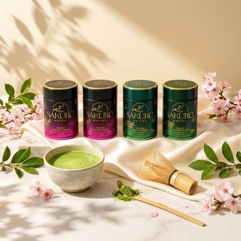 Sakuro Matcha 2× Finest 40g + 2× Excellence 40g / suplement diety Sakuro Matcha 2× Finest 40g + 2× Excellence 40g / suplement diety — kompozycja w słonecznym świetle