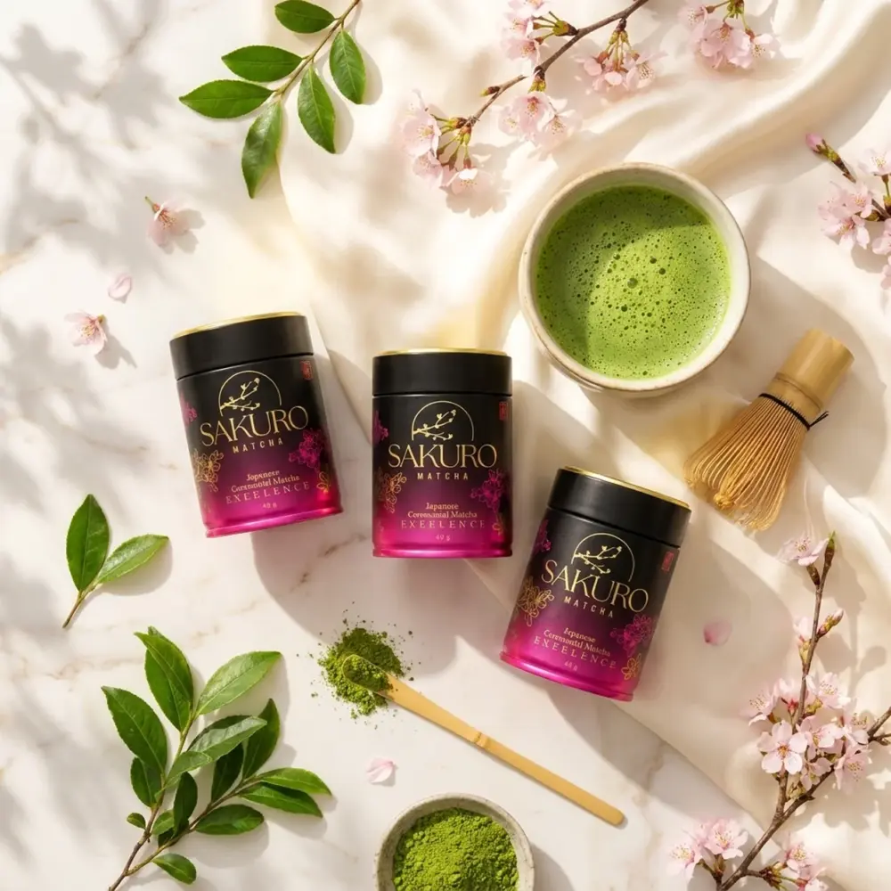 Sakuro Matcha 3× puszka Excellence 40g Suplement diety Sakuro Matcha 3× puszka Excellence 40g Suplement diety — kompozycja w słonecznym świetle
