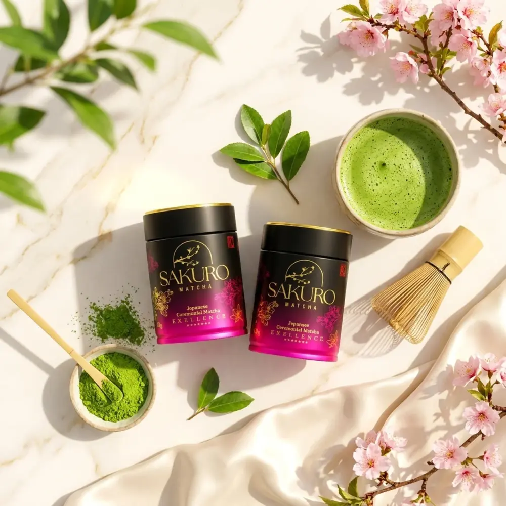 Sakuro Matcha 2× puszka Excellence 40g / suplement diety Sakuro Matcha 2× puszka Excellence 40g / suplement diety — kompozycja w słonecznym świetle