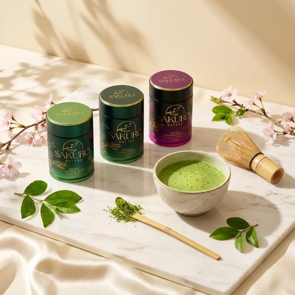 Sakuro Matcha 2× Finest 40g + Excellence 40g / suplement diety Sakuro Matcha 2× Finest 40g + Excellence 40g / suplement diety — kompozycja w słonecznym świetle