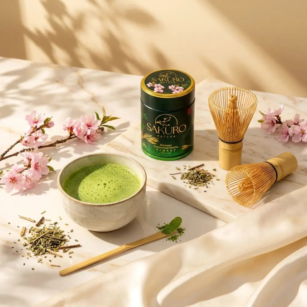 Sakuro Matcha 2× puszka Finest 40g / suplement diety Sakuro Matcha 2× puszka Finest 40g / suplement diety — kompozycja w słonecznym świetle