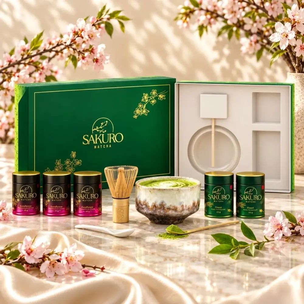 Zestaw Premium 3× Matcha Excellence 40g + 2× Matcha Finest 40g / suplement diety Zestaw Premium 3× Matcha Excellence 40g + 2× Matcha Finest 40g / suplement diety — kompozycja w słonecznym świetle
