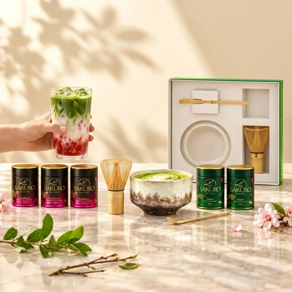 Zestaw Premium 3× Matcha Excellence 40g + 2× Matcha Finest 40g / suplement diety Zestaw Premium 3× Matcha Excellence 40g + 2× Matcha Finest 40g / suplement diety — propozycja podania