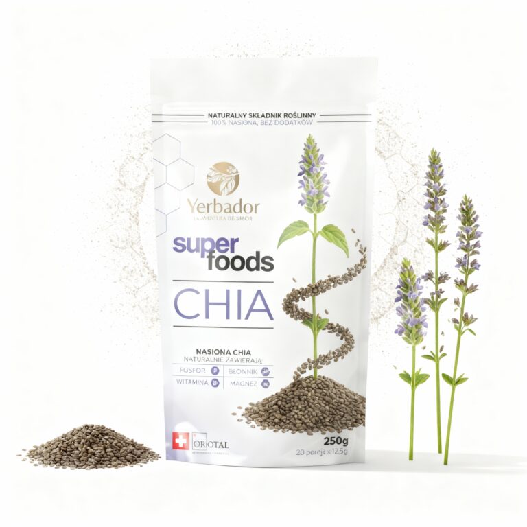 Nasiona chia Yerbador Superfoods 250 g z kwitnaca szalwia hiszpanska