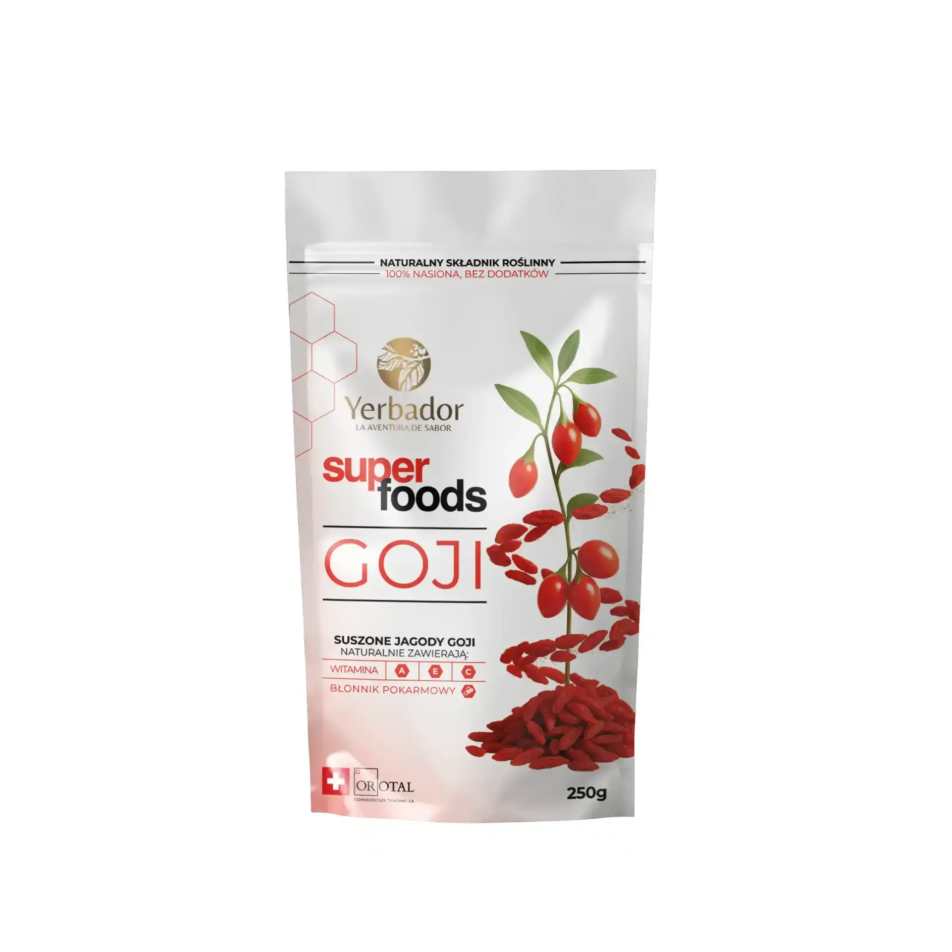 Suszone jagody goji Yerbador, opakowanie z proszkiem goji w tle