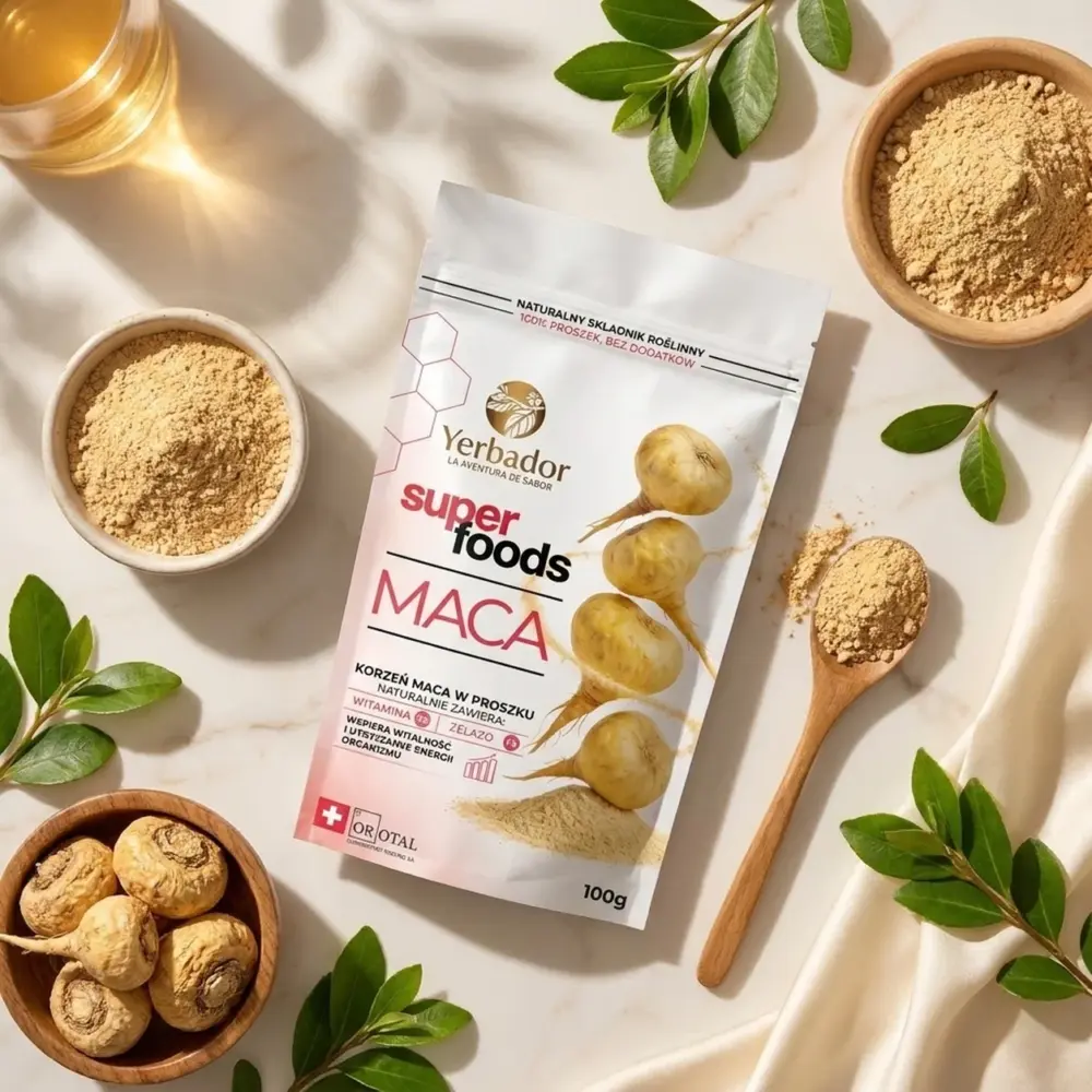Maca w Proszku – 100 g – Bogactwo Witaminy B6 i Żelaza Maca w Proszku – 100 g – Bogactwo Witaminy B6 i Żelaza — kompozycja w słonecznym świetle