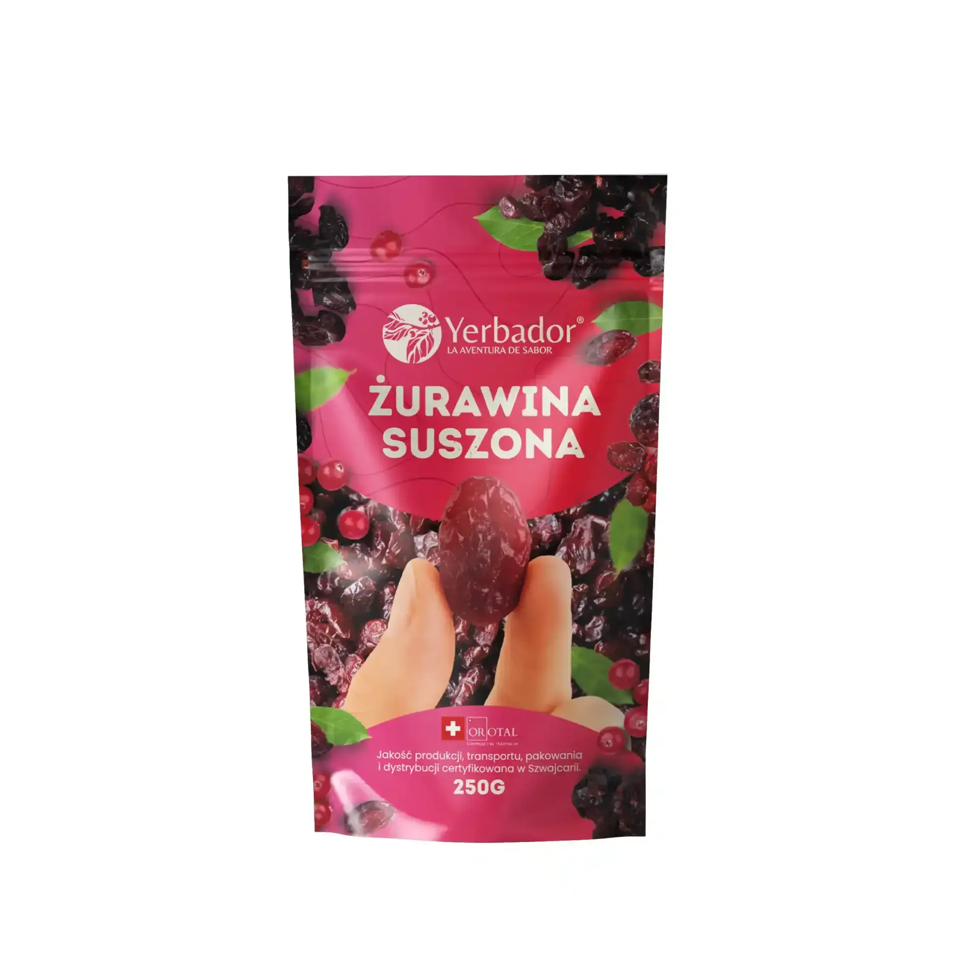 Opakowanie żurawiny suszonej Yerbador 250 g z rozsypanymi owocami
