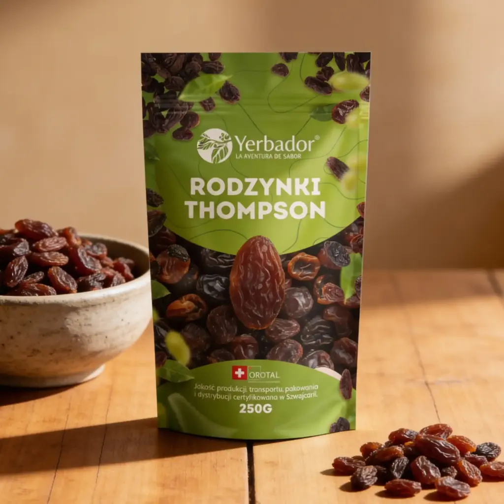 Rodzynki Thompson Yerbador 200 g z miską ciemnych rodzynek na ciemnym tle
