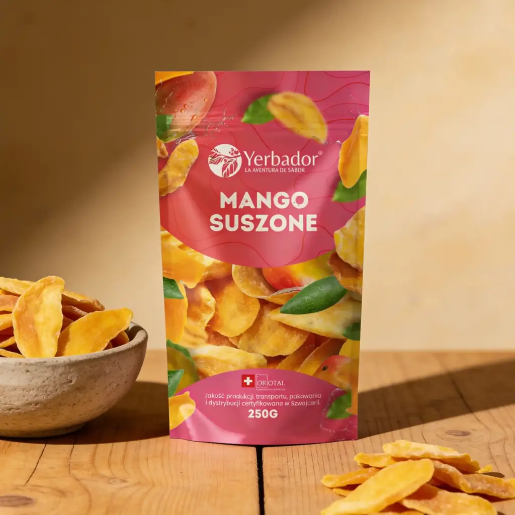Mango suszone Yerbador 250 g z plastrami suszonego mango w drewnianej misce