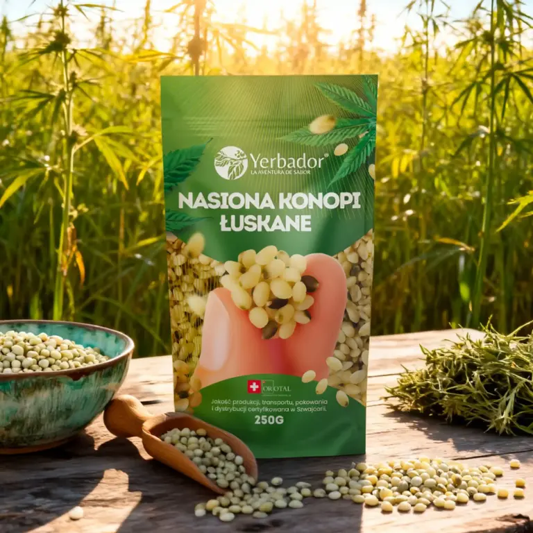 Nasiona konopi łuskane Yerbador w opakowaniu 250 g na tle pola konopnego