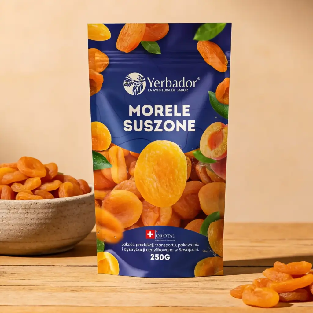Morele suszone Yerbador 250 g z drewnianą miską pomarańczowych moreli na blacie