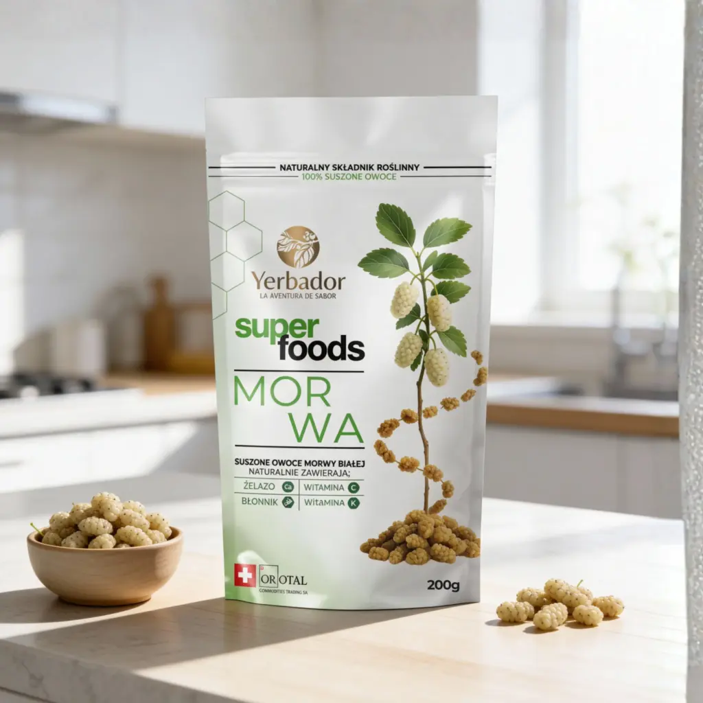 Morwa biała Yerbador 200 g i miska suszonych owoców morwy w kuchni