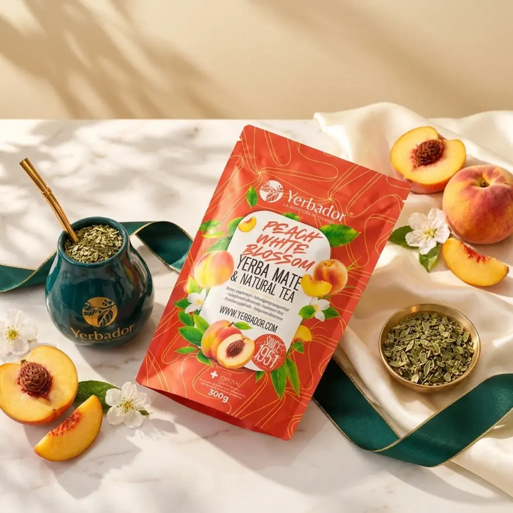 BRZOSKWINIOWY SAD – YERBA MATE + BIAŁA HERBATA + BUKOWY NABIERAK BRZOSKWINIOWY SAD – YERBA MATE + BIAŁA HERBATA + BUKOWY NABIERAK — kompozycja w słonecznym świetle