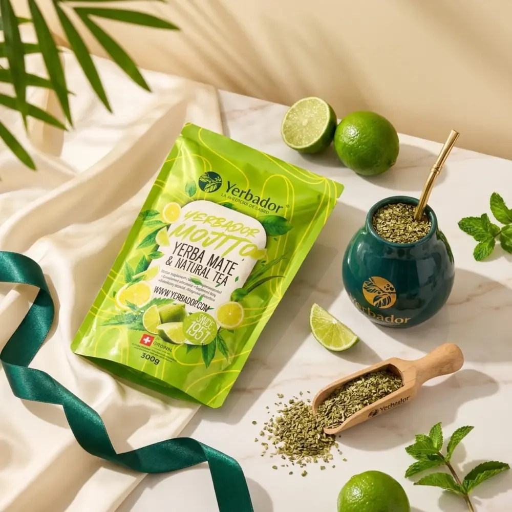 LIMONKA MOJITO – YERBA MATE + ZIELONA HEBRATA + BUKOWY NABIERAK LIMONKA MOJITO – YERBA MATE + ZIELONA HEBRATA + BUKOWY NABIERAK — kompozycja w słonecznym świetle
