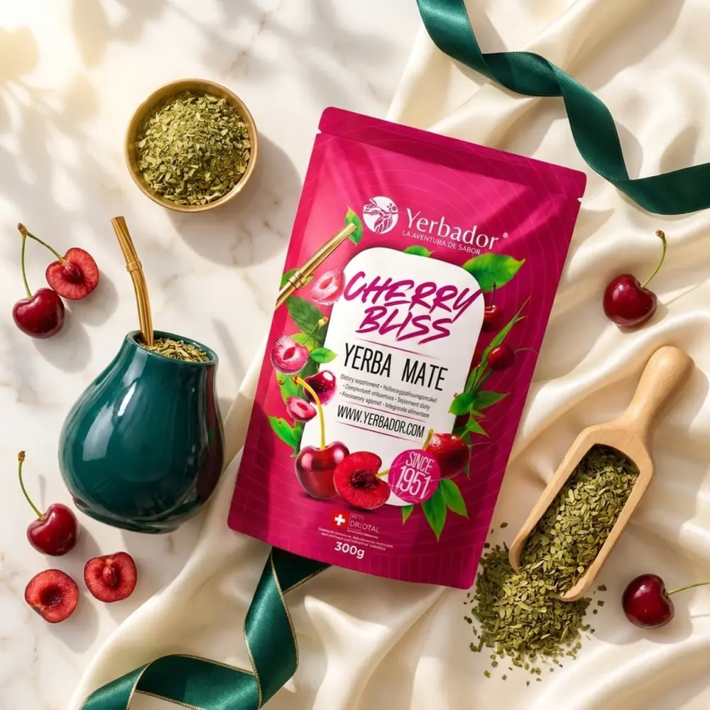 YERBA MATE – CHERRY BLISS + NABIERAK BUKOWY YERBA MATE – CHERRY BLISS + NABIERAK BUKOWY — kompozycja w słonecznym świetle