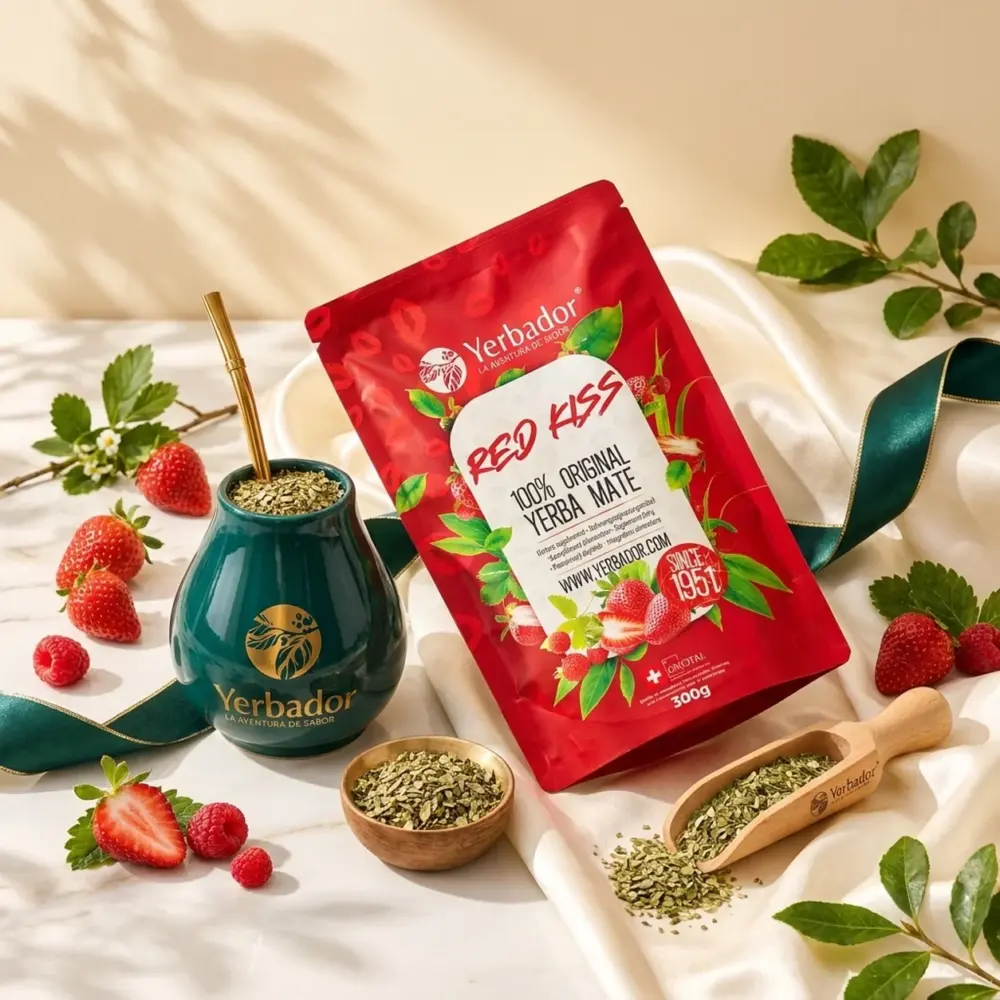 YERBA MATE – RED KISS 300g + NABIERAK BUKOWY YERBA MATE – RED KISS 300g + NABIERAK BUKOWY — kompozycja w słonecznym świetle