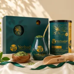ZESTAW PREZENTOWY YERBA MATE – Tuba + Matero + Bombilla + ekskluzywny bukowy nabierak — kompozycja w słonecznym świetle