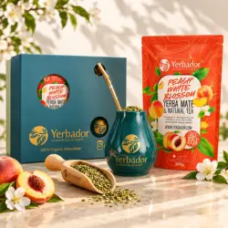 ZESTAW STARTOWY PEACH WHITE BLOSSOM – YERBA MATE + BIAŁA HERBATA + BUKOWY NABIERAK