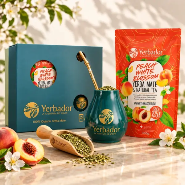 ZESTAW STARTOWY PEACH WHITE BLOSSOM – YERBA MATE + BIAŁA HERBATA + BUKOWY NABIERAK