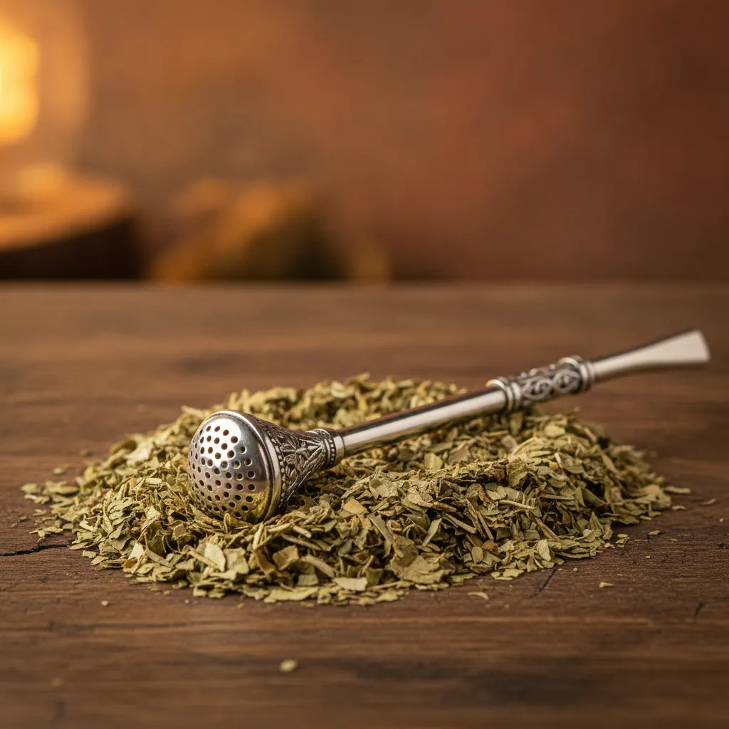 Bombilla do yerba mate na liściach