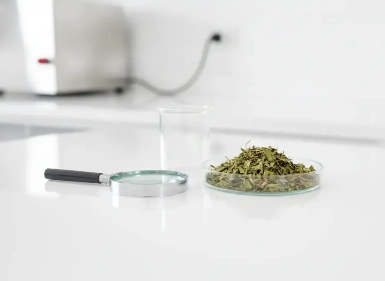 Certyfikaty yerba mate – susz yerba mate na szalce laboratoryjnej obok lupy