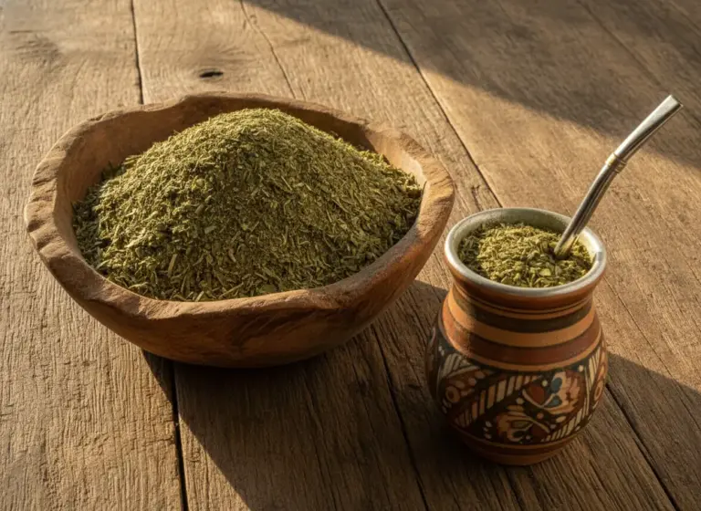 Susz yerba mate w drewnianej misce obok matero z bombillą — gdzie kupić yerba mate dobrej jakości