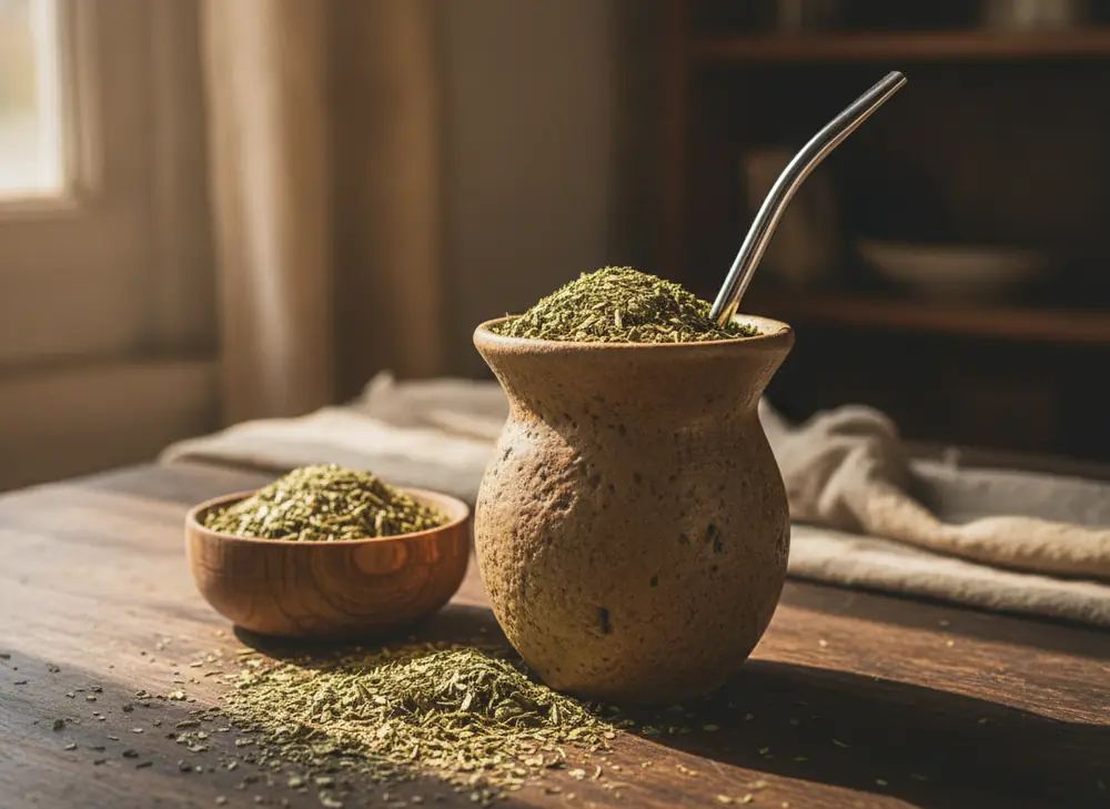 Mity o yerba mate – matero z bombillą i suszem yerba mate na drewnianym stole