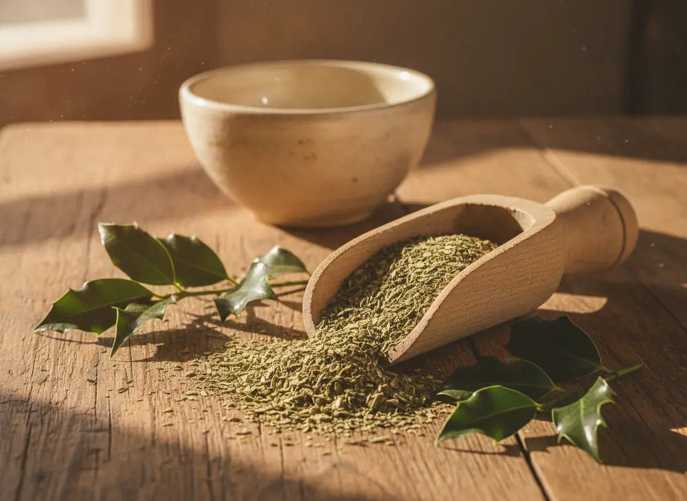 Ocena jakości suszu yerba mate – drewniana szufelka z suszem i świeże liście ostrokrzewu