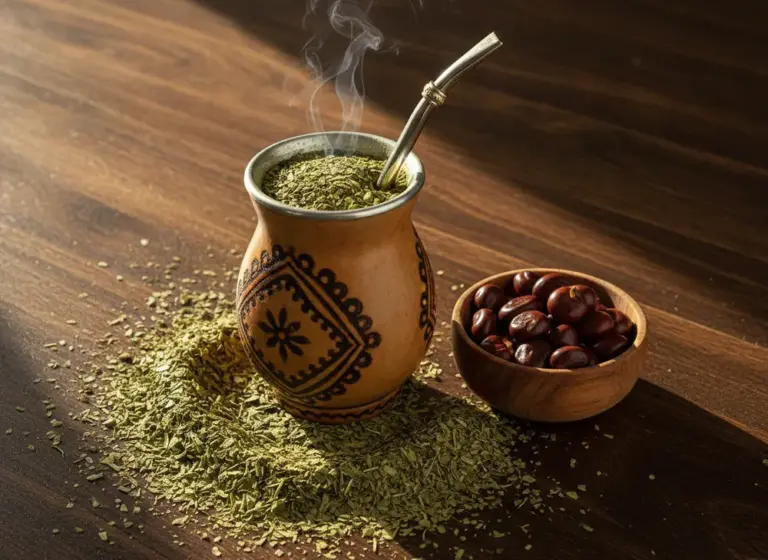 Yerba mate z guaraną – matero z bombillą i miseczka nasion guarany