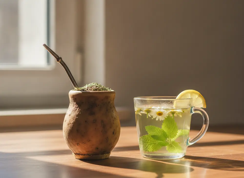 Matero z yerba mate obok filiżanki naparu z rumianku i melisy – wybór napojów w ciąży