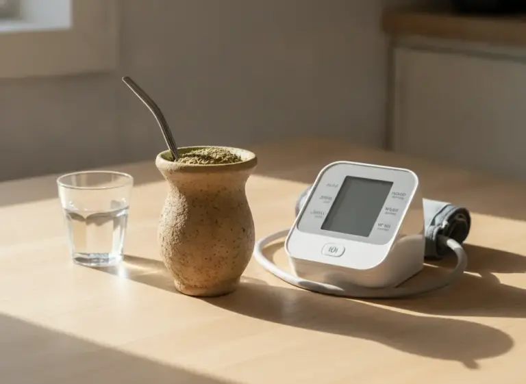 Yerba mate a ciśnienie – matero z yerbą obok ciśnieniomierza na stole